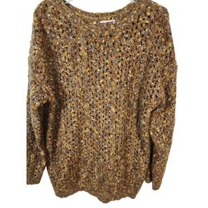 Womens Pullover Sweater Knit Open‎ Weave Brown Gold Oversized Cozy